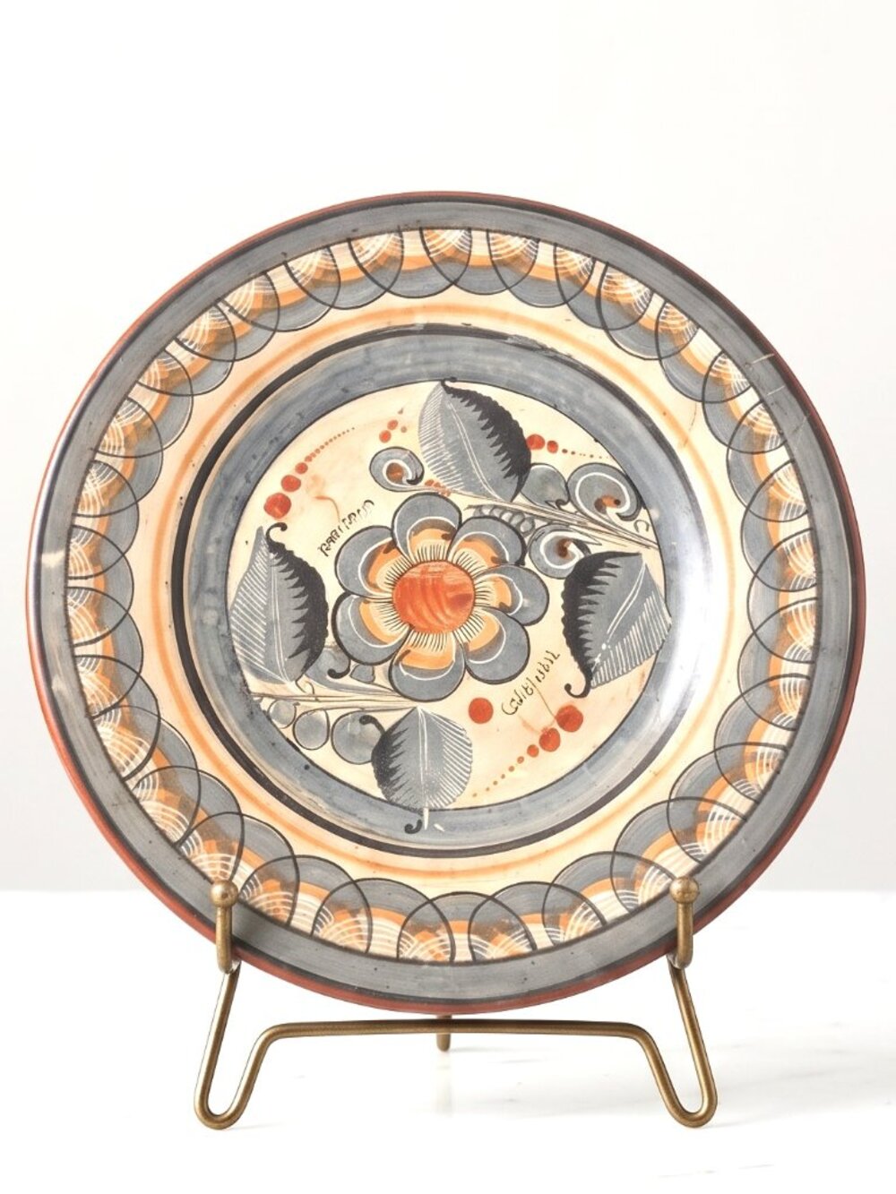 Antique Mexican Pottery Hand Painted Folk Art Floral Plate Platter Tray 11.75 In